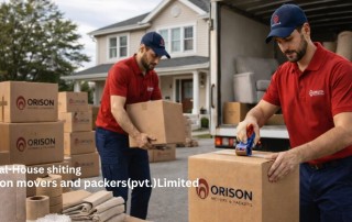 Local house shifting services in Karachi by Orison Movers and Packers packing boxes and loading furniture safely